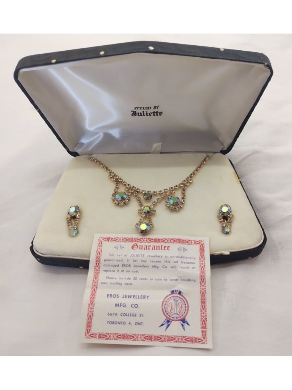 Vintage Juliette Eros Toronto Aurora Borealis Rhinestone Necklace Set Box